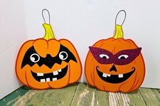 Set of 2 Hanging Halloween Decor Glitter Plaques Purple  Black Masked Pumpkins