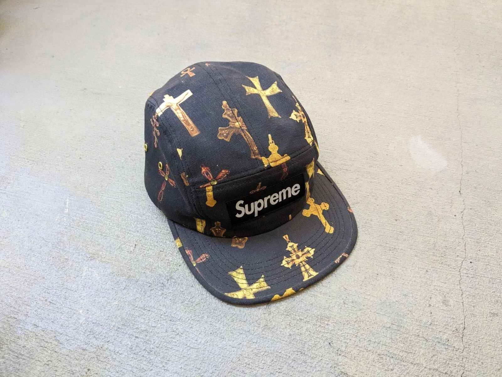 Chapeau casquette de camp SUPREME Crosses SS13 noir 5 panneaux boîte bogo logo toile rare