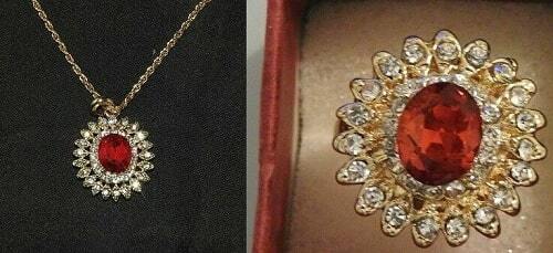 Yellow Gold Filled Ornate Red Crystal Rhinestone Necklace or Ring - Picture 1 of 4