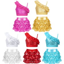Kids Girls Crop Top With Skirted Shorts Culottes Asymmetrical Shoulder Straps