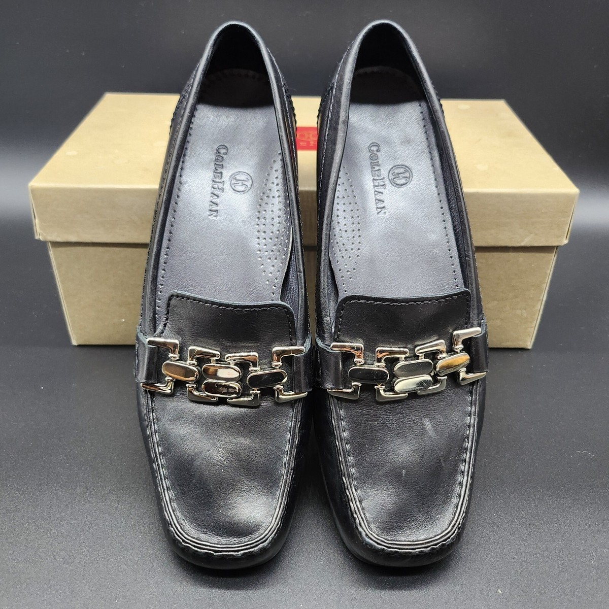 COLE HAAN ANJALI MOC Silver Chain Black Leather Loafers Shoes 7B