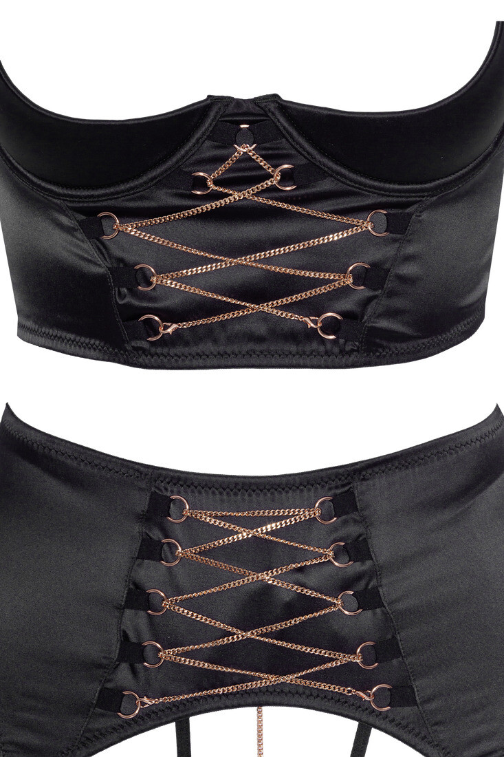 Sensual Satin Lingerie Set With Shelf Bra Open Thong And Rose Gold ...