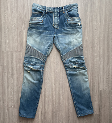 Balmain Light Blue Wash Distressed Biker Jeans 31 32 Made in Balmain Light Blue Wash Distressed Biker Jeans 31 32 Made in