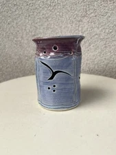 Vintage Rowe pottery luminary candleholder purple blue bird cutout 5”x4”