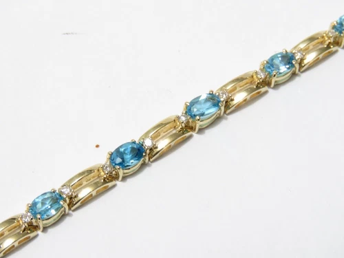 14K GELBGOLD AQUAMARIN & DIAMANT TENNIS ARMBAND 7,25" HELLBLAU - Bild 4 von 7