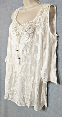 Daniel Rainn 2X Top Blouse White Embroidered Tassels Beach Cruise Boho Peasant