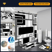 4 Pcs Black Geometric Shower Curtain Set with Rugs - Stylish Bathroom Decor