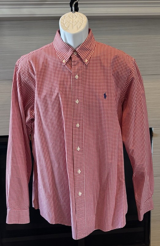Ralph Lauren Custom Fit Button-Down Shirt Long Sleeve Red White Check L EUC!!!
