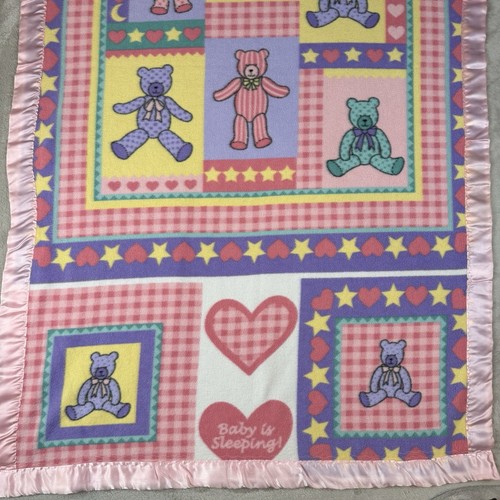 Acrylic Crib Baby Toddler Blanket Satin Trim 35”x 59” Teddy Bear Vtg Pink Hearts - Picture 4 of 9