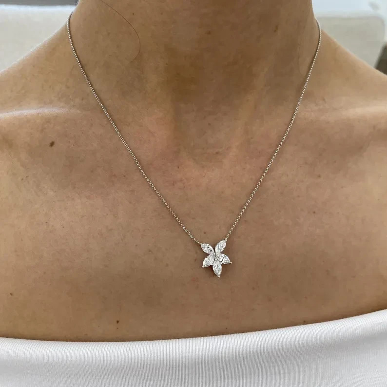 1.25 Ct Lab Grown Marquise Cut Diamond Flower Necklace, 14K White Gold Necklace