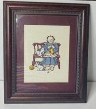 VTG Needlepoint of Girl With Cats 12.5" x 10.5 Framed Matted