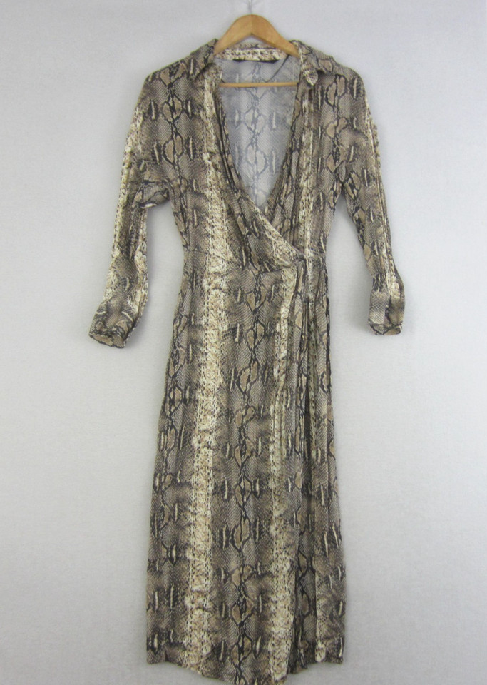 Zara Woman Dress Womens Extra Large Brown Snakeskin Wrap Collar Midi 3/4 Sleeve