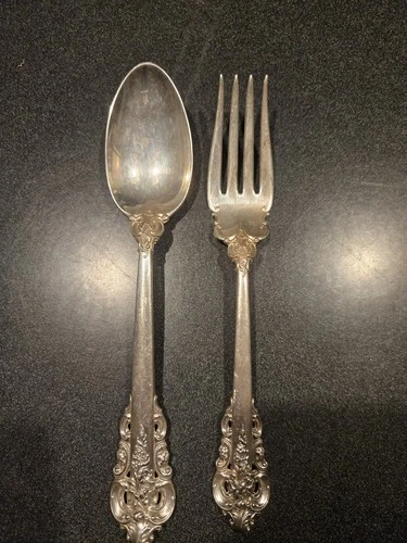 Vintage Wallace Grande Baroque Sterling Silver Serving Spoon & Fork Set 2pc