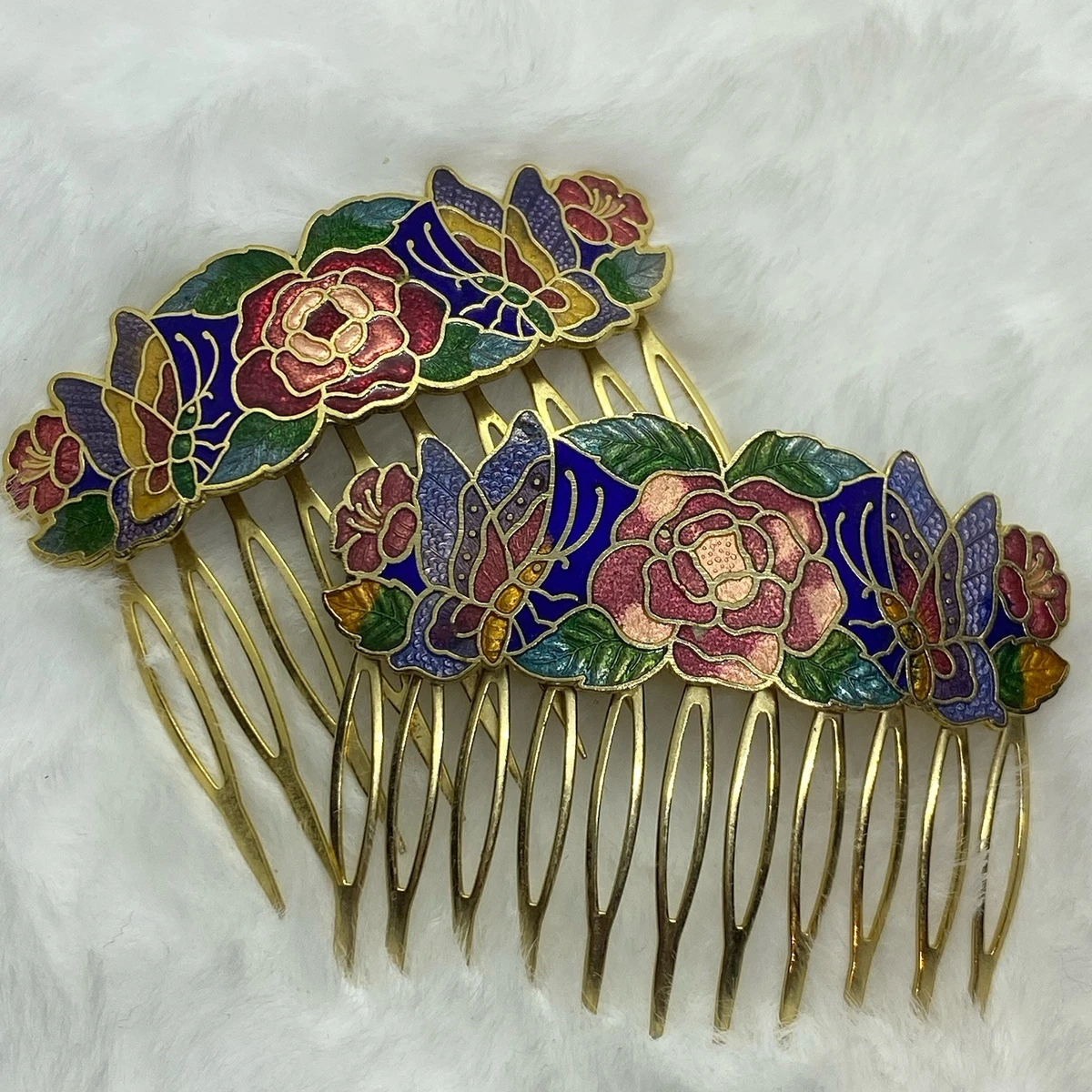 Vintage Enamel Butterfly Floral Hair Comb Gold Blue Vintage Blue Floral Hair Comb: 1950s Enamel Flower, Gold  main image 2