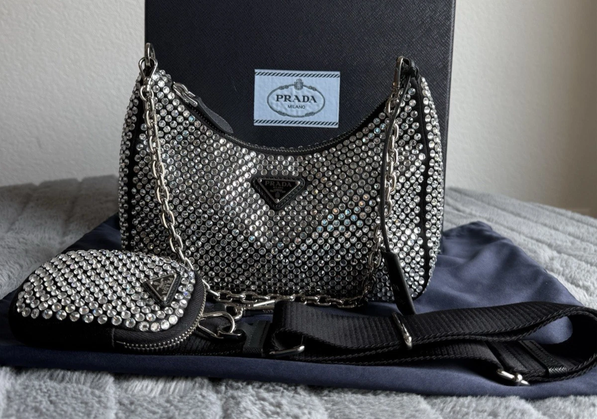 PRADA サテンビジューバッグ PRADA CRYSTAL BAG UNBOXING | Prada Crystal Studded Satin Tote bag