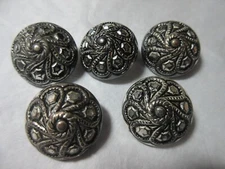5 Vintage Silver colored metal Shank Buttons Domed