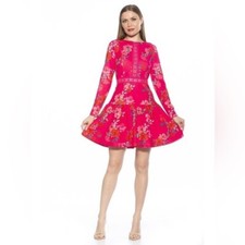 Alexia Admor Alexa Long Sleeve Lace Trim Mini Dress Hot Pink Floral Size 8