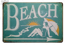 Beach Metal Tin Sign Seaside Sun Summer Holidays Plaque Retro Wall Decoration