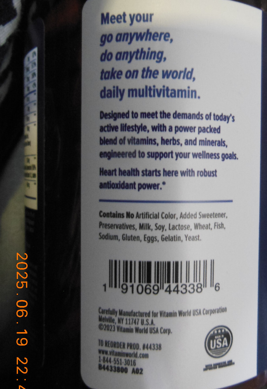 2 Bottles of Vitamin World Ultra 360 Men's Multi 180caplets Exp. 05/25. 360caps.