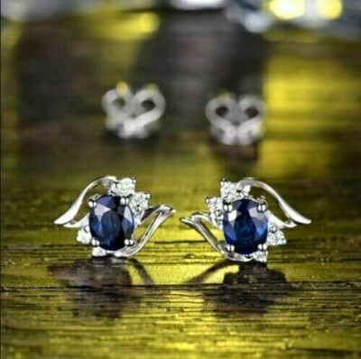 3.50Ct Oval Lab Created Blue Sapphire Women's Stud Earring 14K White Gold Plated