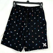 Hurley Boys Size Large Pull-On Shorts Black Novelty Print Drawstring Pockets
