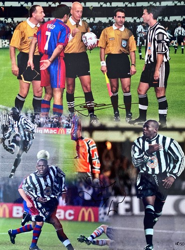 Signed Newcastle 3 Barcelona 2 Montage By Rob Lee And Faustinon Asprilla