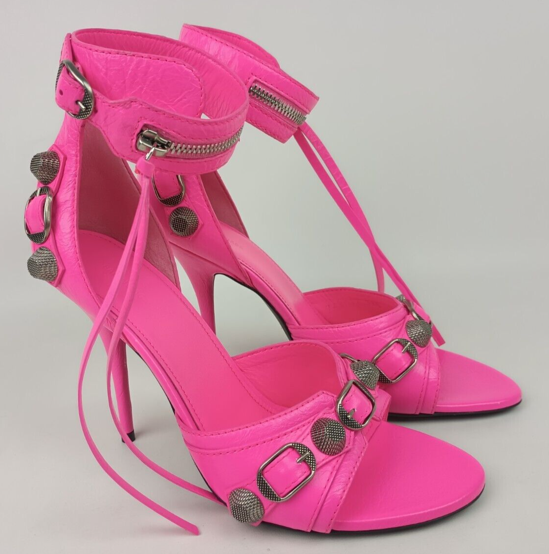 Balenciaga Women's Fluo Pink Cagole Leather Studded Sandals Size