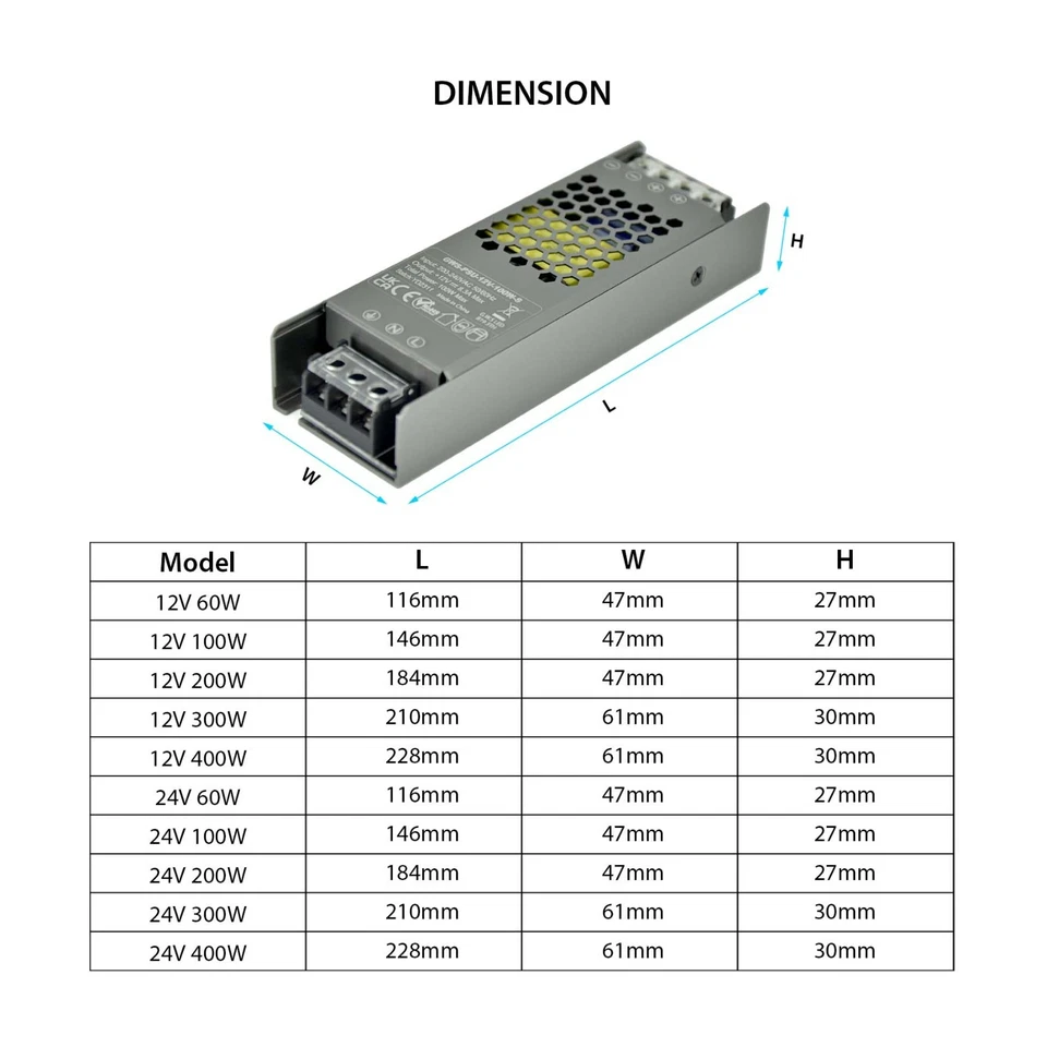 Slim LED DC Transformer/Power Supply/Driver 12V-48V 60W-400W IP67 Waterproof DIY - Image 2 of 4
