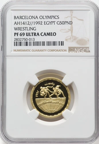 EGYPT , GOLD 50 POUNDS BARCELONA OLYMPICS 1992 WRESTLING NGC PF 69 UC , RARE12