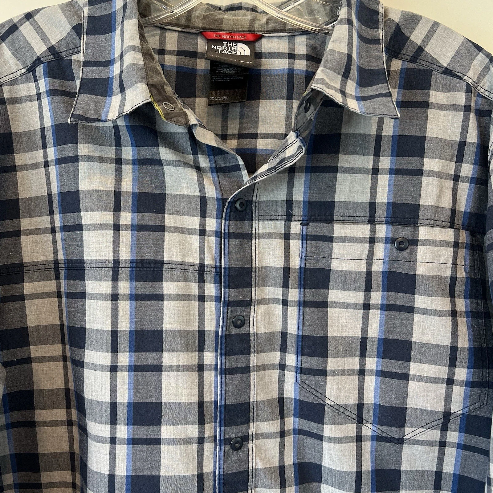 The North Face Shirt Mens LARGE Plaid Snap Gray Navy Long Sleeve Outdoor Casual