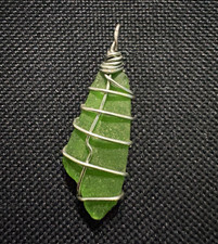 Handcrafted Green Sea Glass Wire Wrapped Charm Pendant Silver Hook Closure
