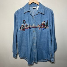 VTG 90s Bobbie Brooks Shirt Denim Embroidered Christmas Bears Button Up S