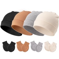 Newborn Baby Hats and 0-6 Months, 4 Sets: Black/Apricot/Grey/Brick Red