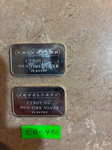 2 ENGELHARD 1 OZ. .999 FINE SILVER BARS "LOW NUMBERS"