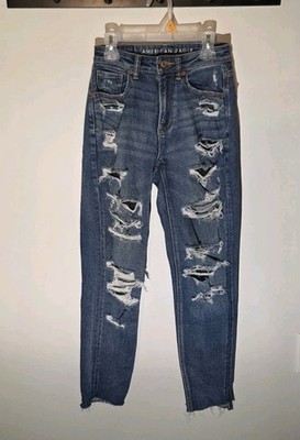 American Eagle Jeans Womens 00 Regular Blue Denim Mom Jean Distressed Raw Hem