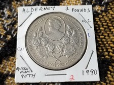 Alderney 2 Pounds 1990 Cu-Ni Queen Mother 90th Almost UNC - i Tariff Incl