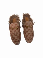 Gucci GG Monogram Canvas Fur Lined Princetown Horsebit Mules Size 38.5