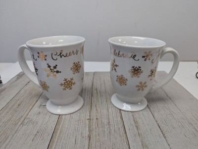 Footed Coffee Mugs Cups Set 2 Gibson Celebration Gold Snowflakes Holiday