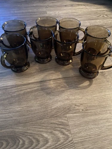Vintage Set 8 Anchor Hocking Smoke Brown Glass Coffee Mugs 16 Oz