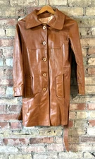 VTG Berman Buckskin Women's Brown Leather Button Up Trench Over Coat - Size XS/S