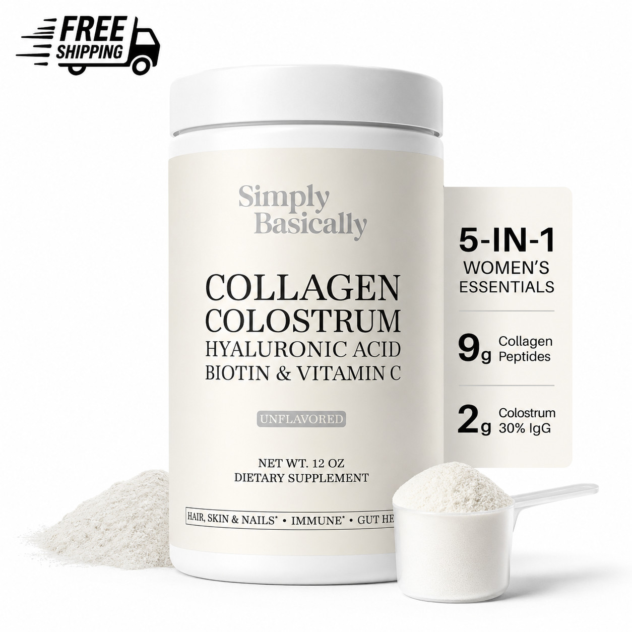 Collagen Colostrum Powder Hyaluronic Acid Biotin Vitamin C Hair Skin Nails 12oz