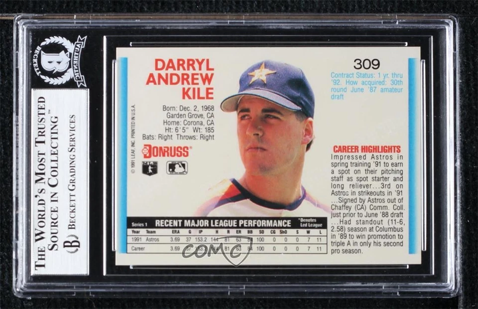 BAS 1992 Donruss Darryl Kile #309 BGS Authentic Auto - Image 2 of 2