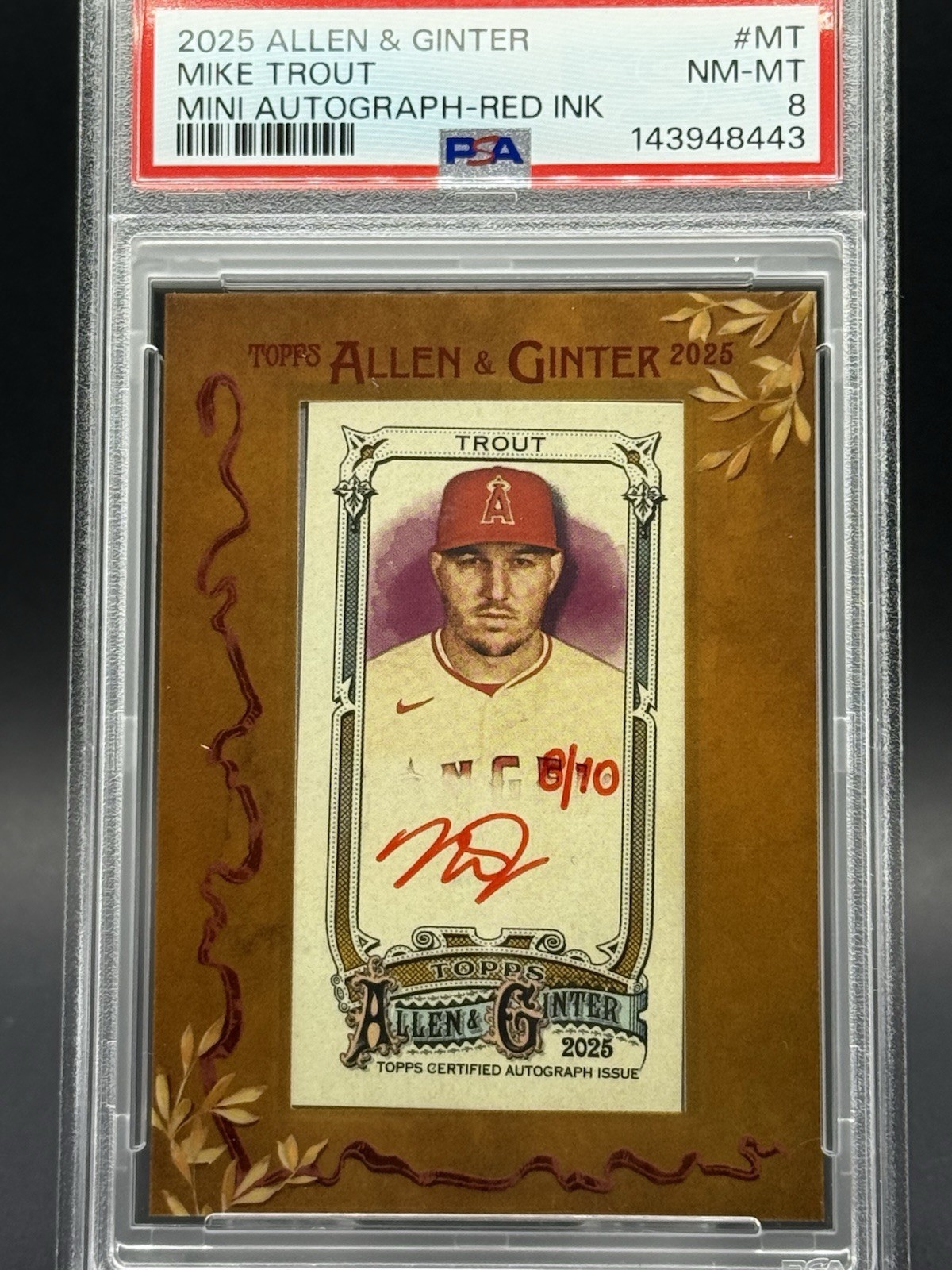 Mike Trout 2025 Topps Allen & Ginter Mini Frame Red Ink Auto /10 PSA 8 Angels view 3