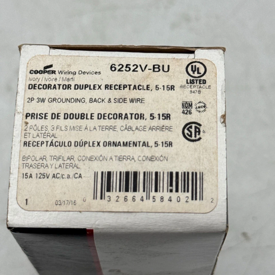 Cooper Wiring Devices Electrical Outlet Decorator Duplex Receptacle 6252VBU - Image 4 of 4