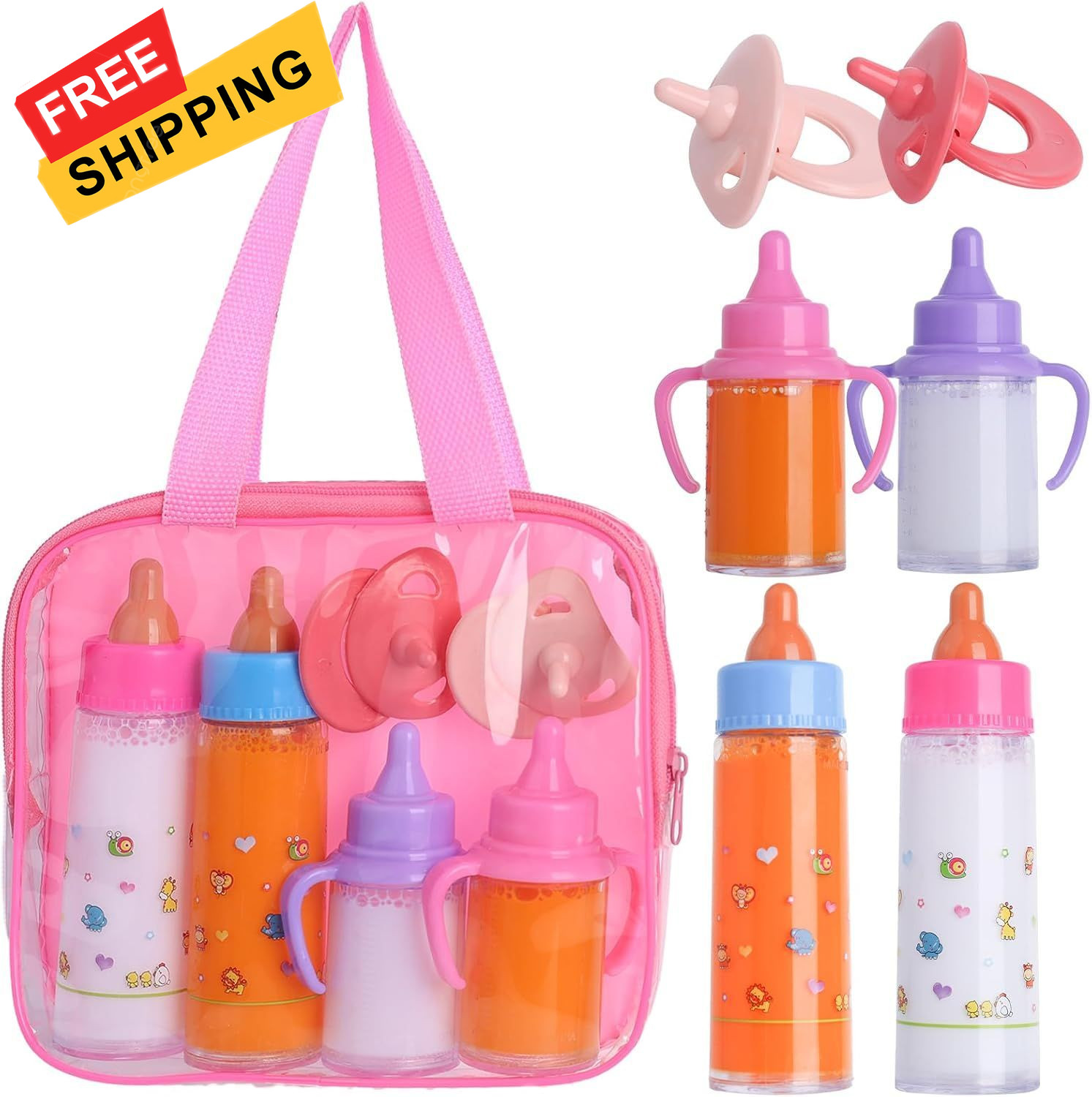 Baby Doll Bottles Accessories Set for Toddlers, 2 Milk and 2 Juice Pink 