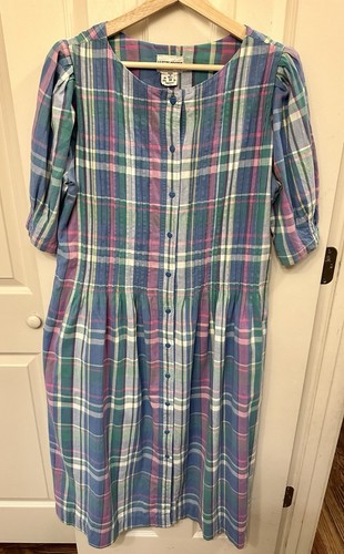 Vintage Matti Sport Pastel Plaid Cottage core PinTuck Midi 100% Cotton Dress 10