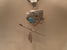 INCREDIBLE NAVAJO NATIVE AMERICAN INDIAN STERLING, CORAL & TURQUOISE EAGAL & WOL