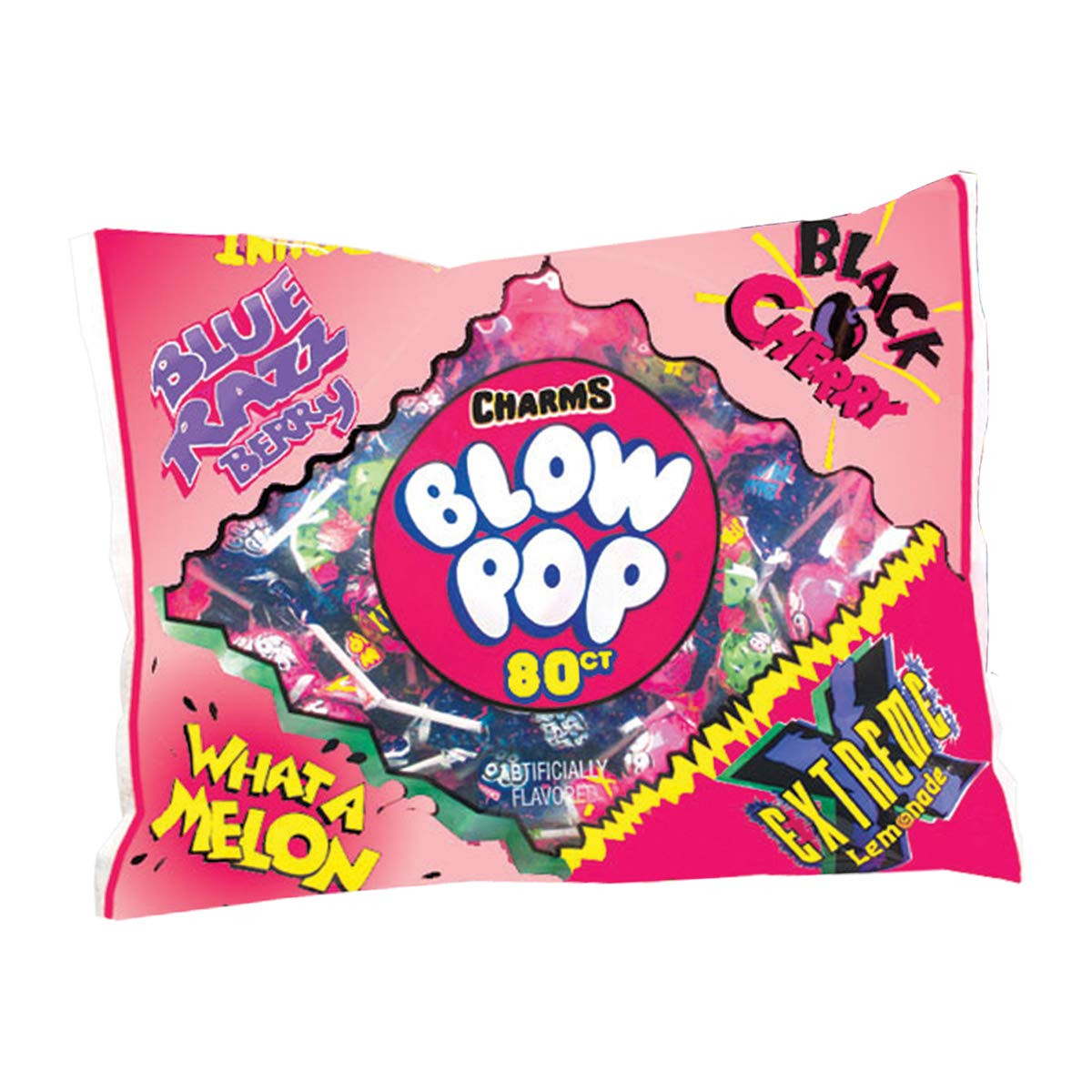 Ассортимент из 4 вкусов Charms Blow Pops включает в себя Блю Раззберри, Черную вишню, Что