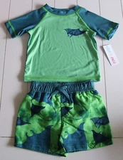 Boys Dot & Zazz 2 Pc Sting Ray Rash Guard Shirt & Swim Shorts Trunks Sz 9-12M