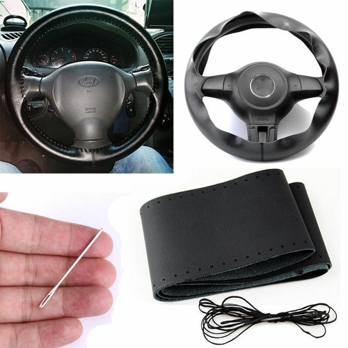 New Black Genuine Leather DIY Car Steering Wheel Cover With Needles and Thread - Picture 7 of 9